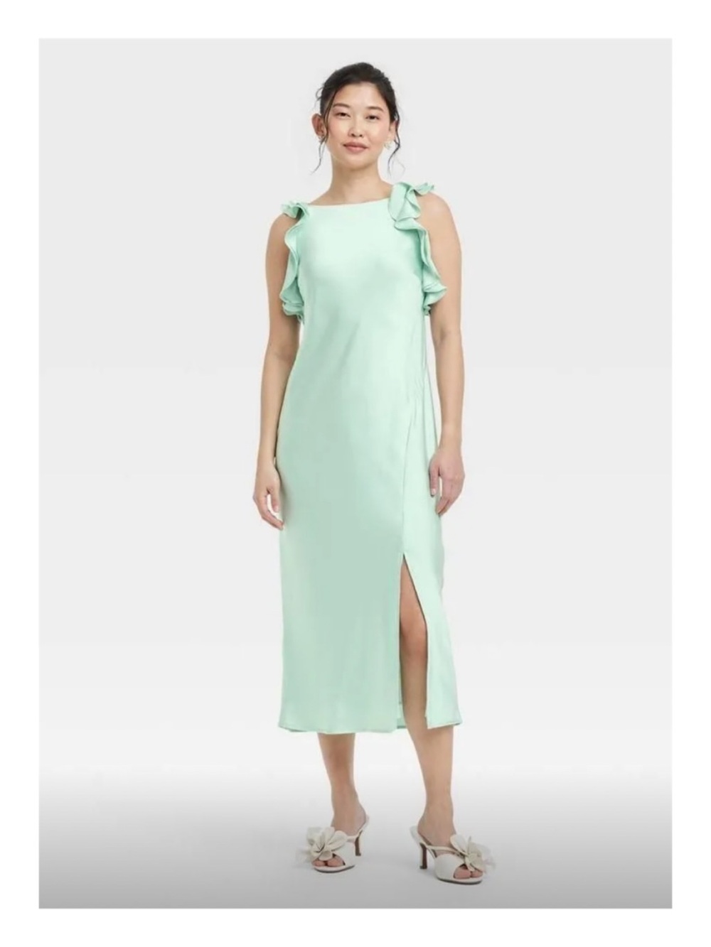 A New Day - Ruffle Sleeve Satin Midi Dress (Mint - Medium)